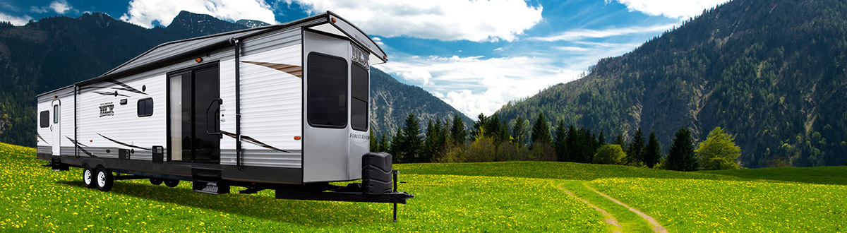 2017 Forest River Wildwood travel trailer sitting in a grassy field with hills and trees in the background on a cloudy day